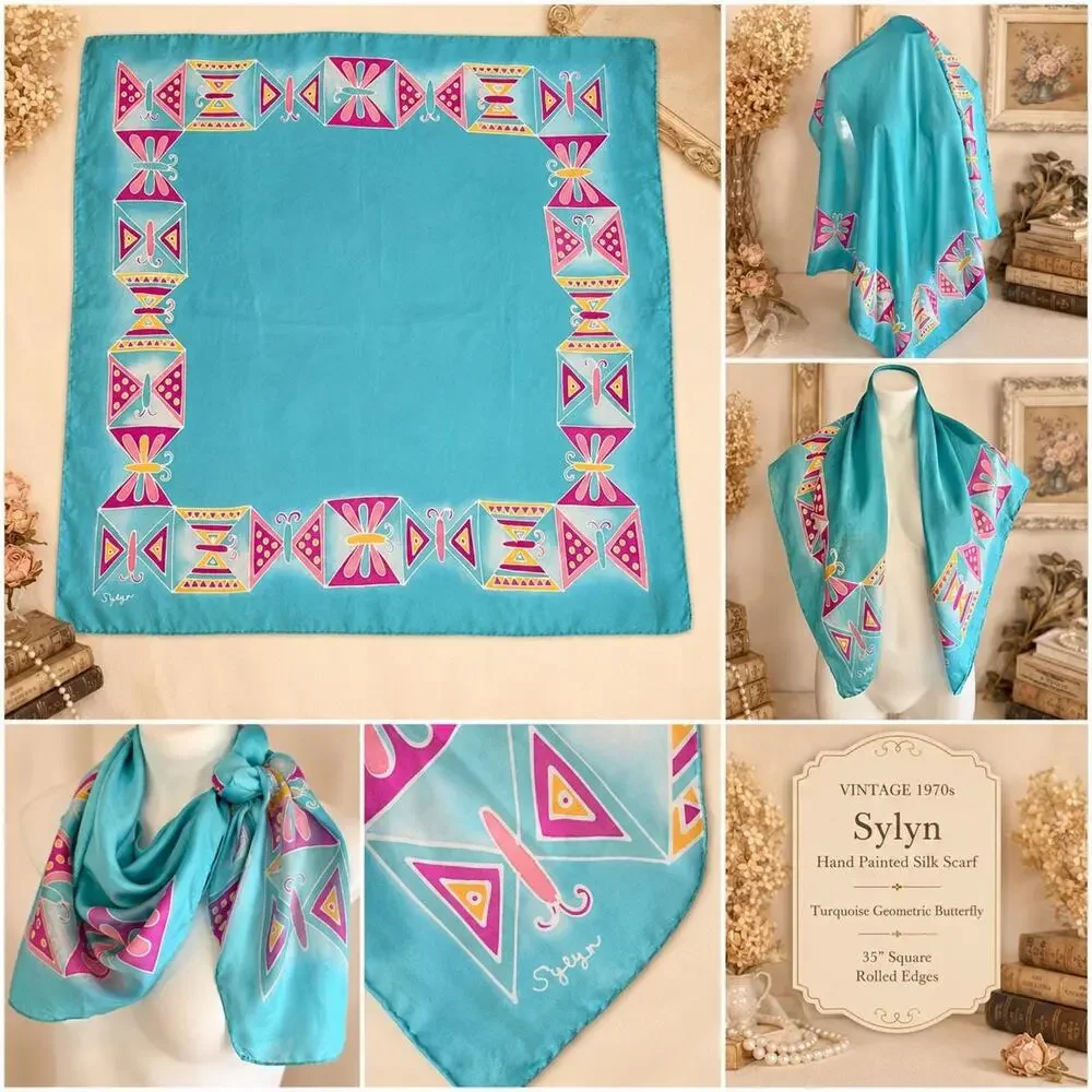 Vintage 1970s Hand Painted Sylyn Silk Scarf Turquoise Butterfly 35” Rolled Edges